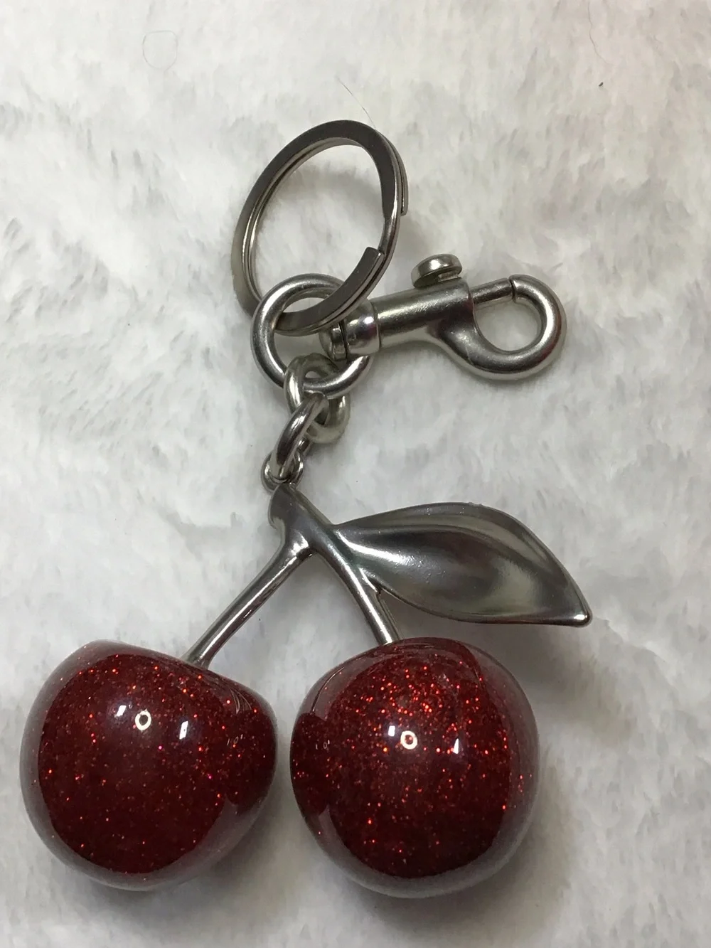 Bag / key charm red cherries - silver hardware